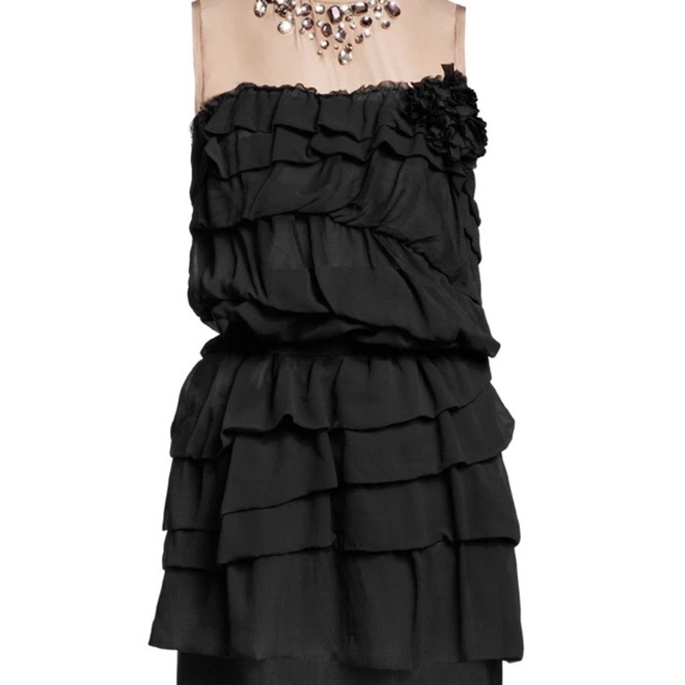 Lanvin For H&M Black and Beige Embellished Ruffle Silk Dress 6 NWOT